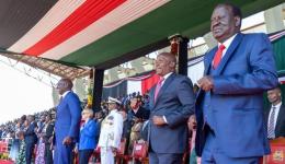 President Ruto, DP Kindiki, and Raila Odinga at Raila Odinga stadium during Madaraka Daya celebrations in Homa Bay County.
